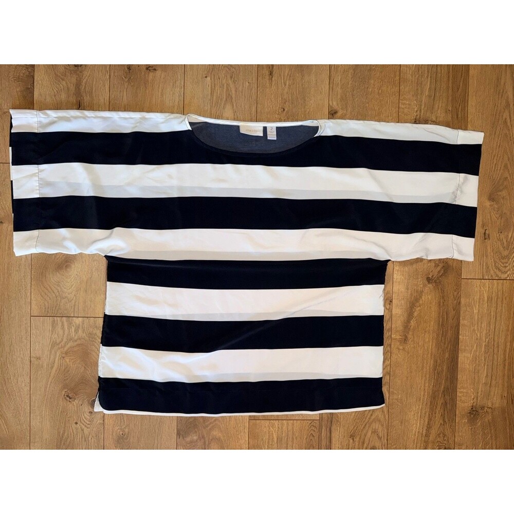 Chicos Black White Striped Shirt Blouse Top Size 2 Boxy Boho
